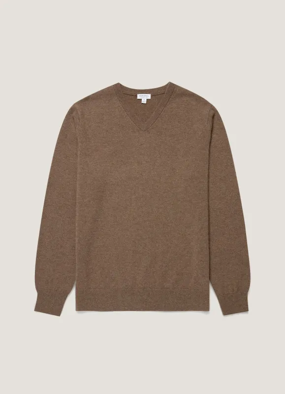 Men's Cashmere V-neck Jumper in Taupe made by Sunspel