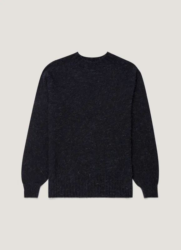 Men's Shetland Crew Neck Jumper in Dark Navy Mouline made by Sunspel