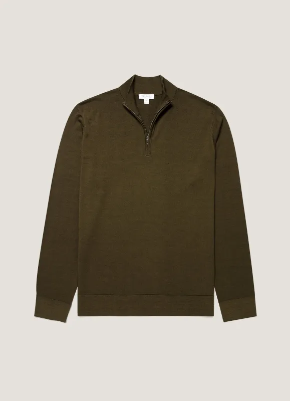 Men's Extra-Fine Merino Half Zip Jumper in Loden Green made by Sunspel