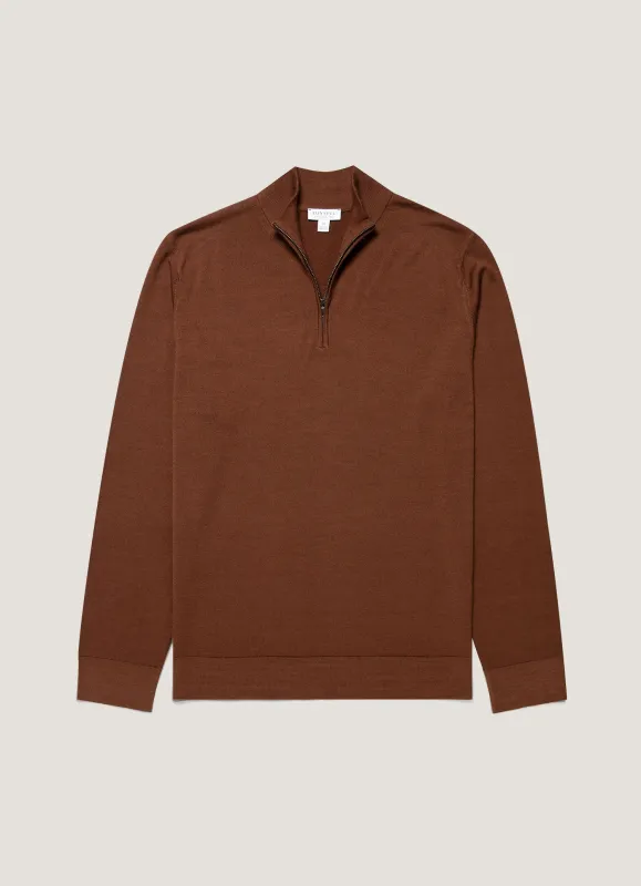 Men's Extra-Fine Merino Half Zip Jumper in Chestnut made by Sunspel