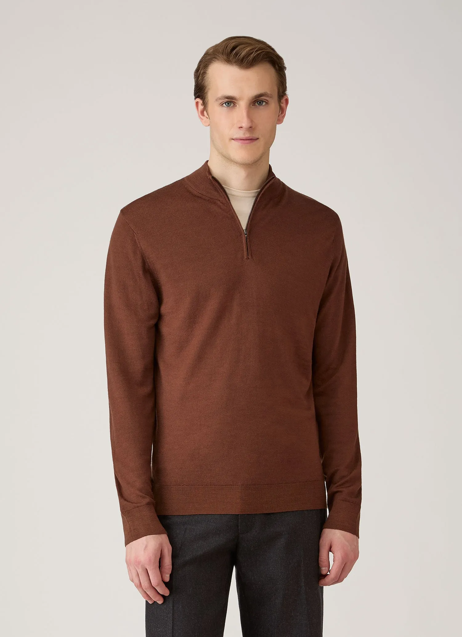 Men's Extra-Fine Merino Half Zip Jumper in Chestnut sold by Sunspel product image thumbnail 2