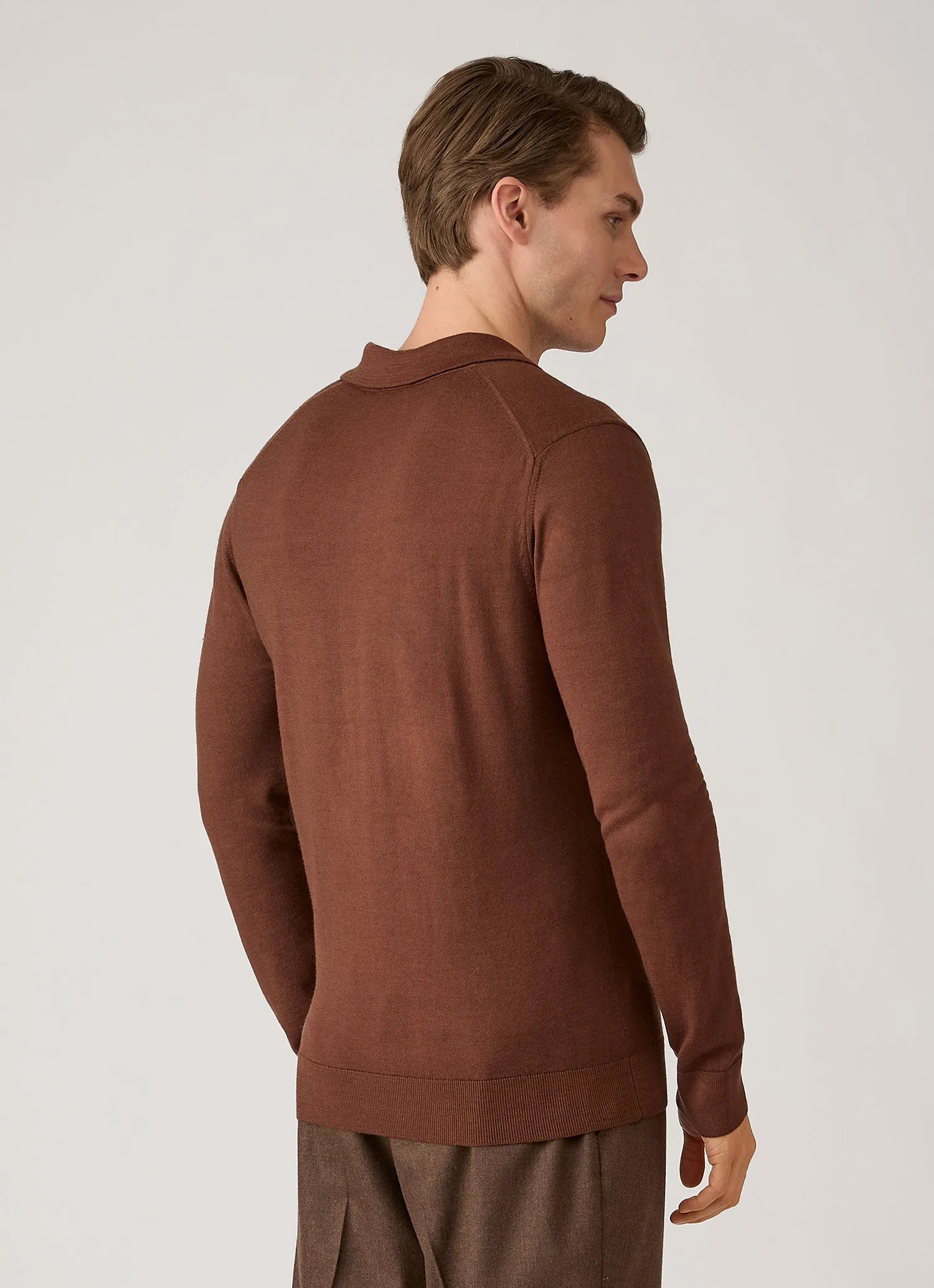 Men's Extra-Fine Merino Knitted Polo Shirt in Chestnut sold by Sunspel product image thumbnail 5