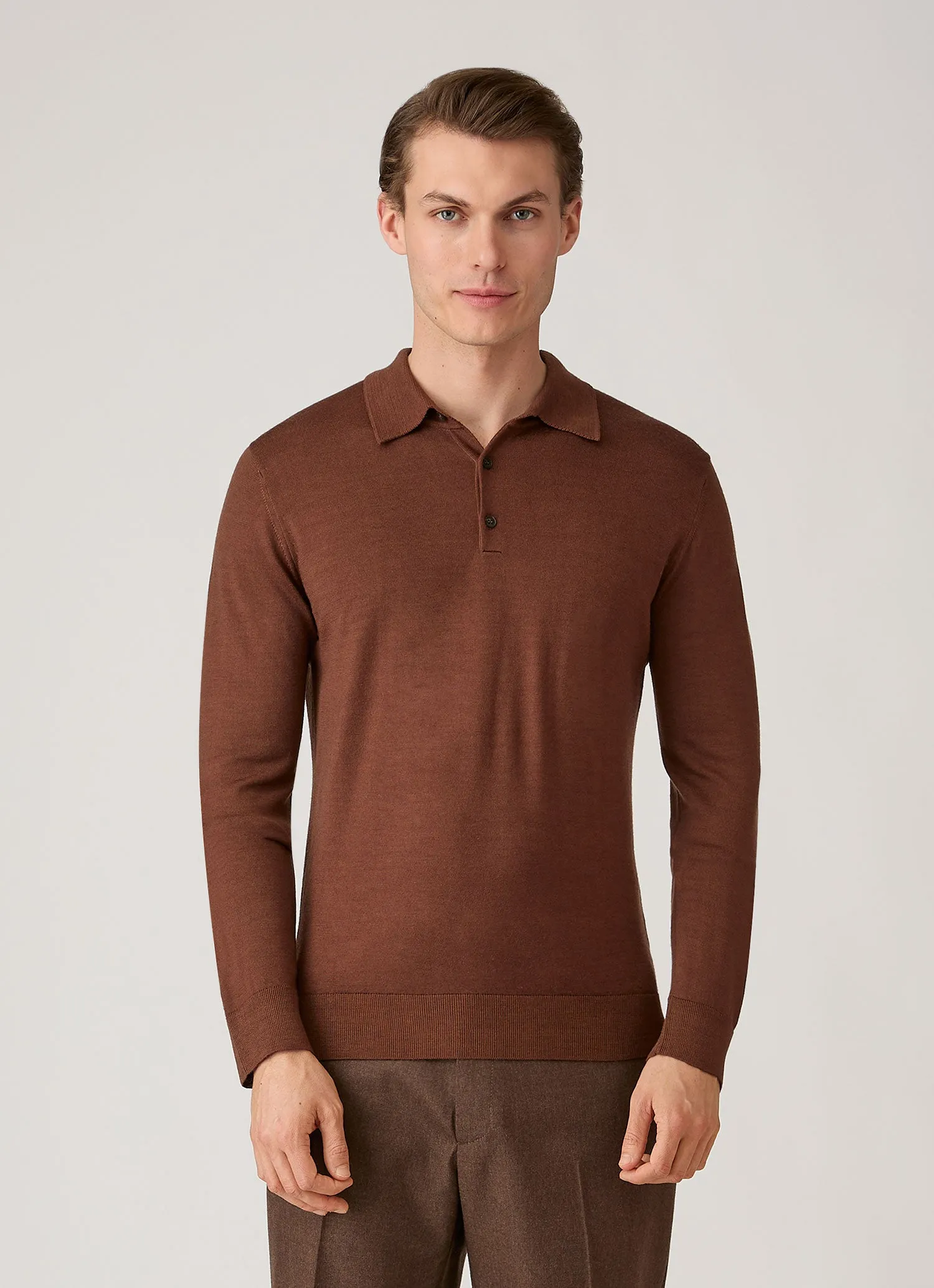 Men's Extra-Fine Merino Knitted Polo Shirt in Chestnut sold by Sunspel product image thumbnail 2