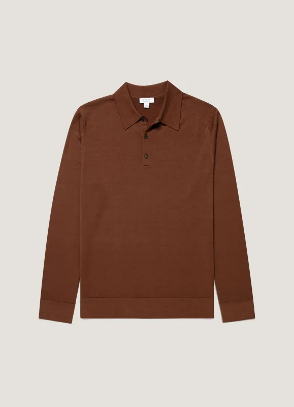 Men's Extra-Fine Merino Knitted Polo Shirt in Chestnut made by Sunspel