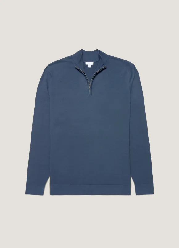 Men's Extra-Fine Merino Half Zip Jumper in Slate Blue made by Sunspel