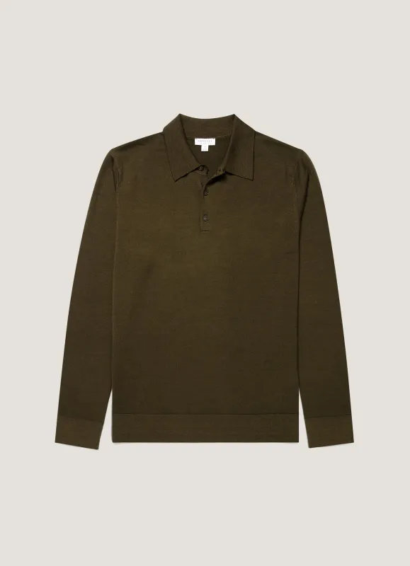 Men's Extra-Fine Merino Knitted Polo Shirt in Loden Green made by Sunspel