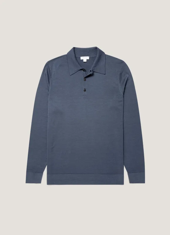 Men's Extra-Fine Merino Knitted Polo Shirt in Slate Blue made by Sunspel