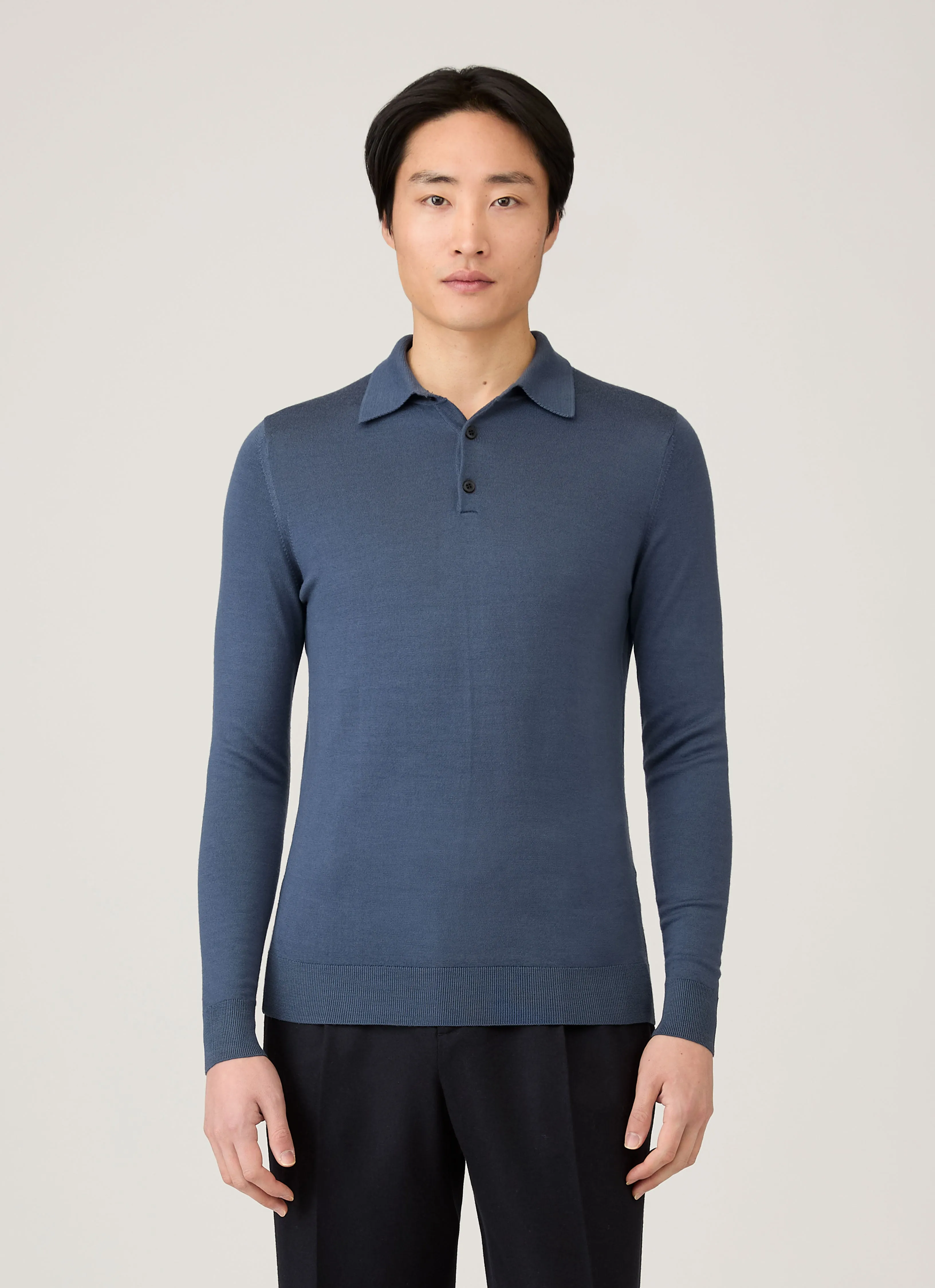 Men's Extra-Fine Merino Knitted Polo Shirt in Slate Blue sold by Sunspel product image thumbnail 2