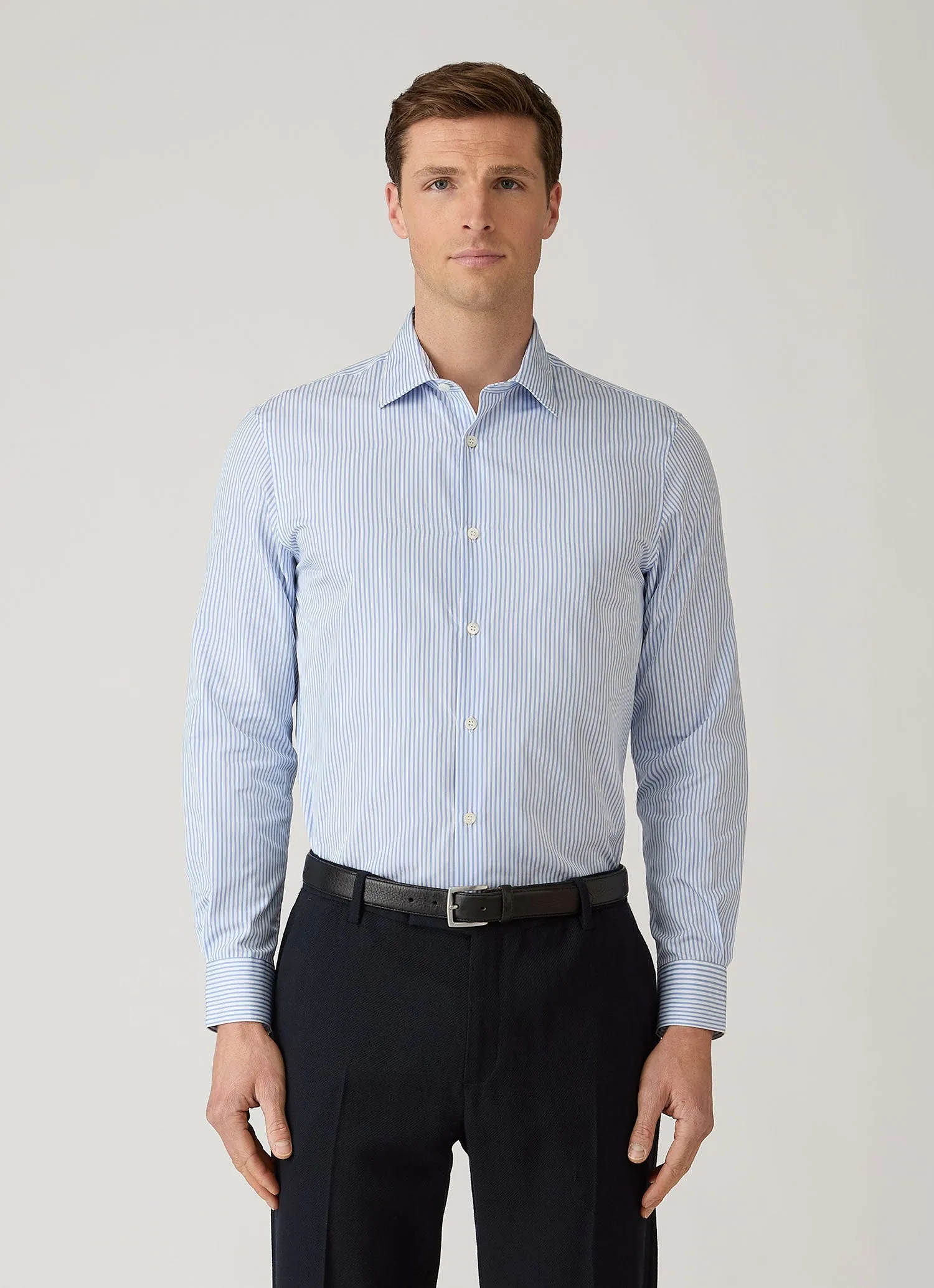 Men's Cotton Poplin Shirt in Mid Blue Bengal Stripe sold by Sunspel product image thumbnail 2
