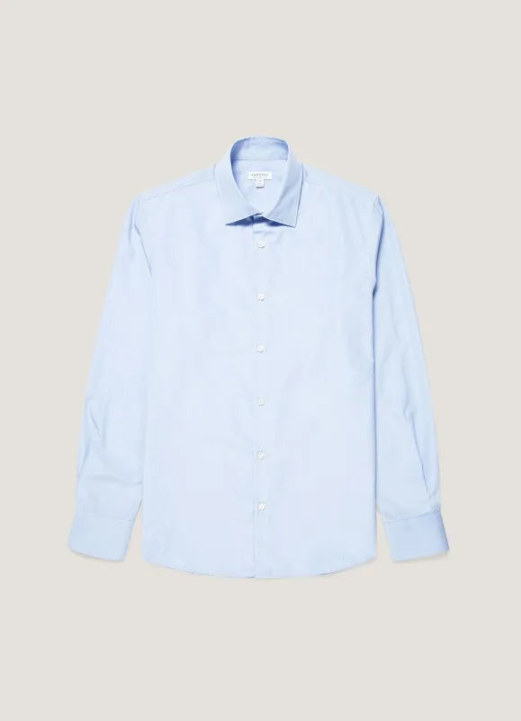 Men's Cotton Poplin Shirt in Mid Blue Bengal Stripe made by Sunspel