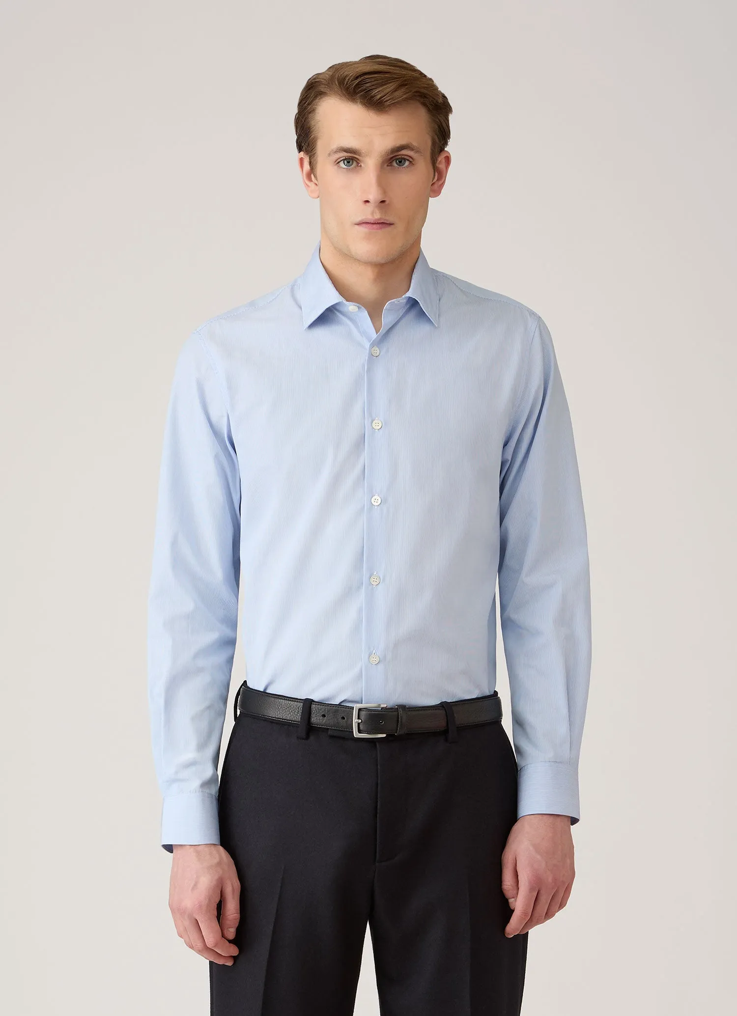 Men's Cotton Poplin Shirt in Mid Blue Fine Stripe sold by Sunspel product image thumbnail 2