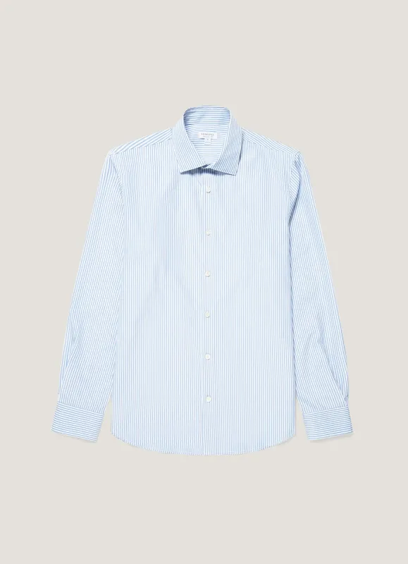 Men's Cotton Poplin Shirt in Mid Blue Fine Stripe made by Sunspel