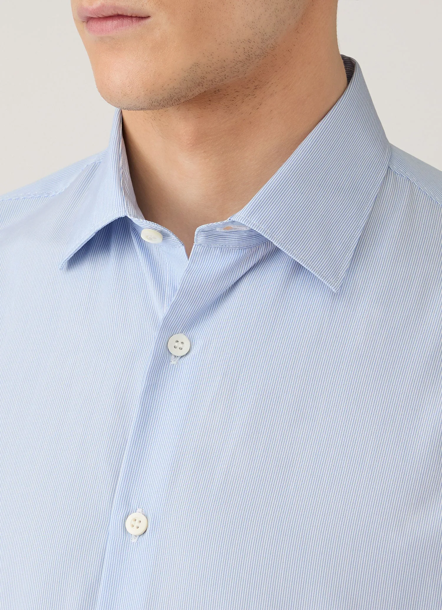 Men's Cotton Poplin Shirt in Mid Blue Fine Stripe sold by Sunspel product image thumbnail 5