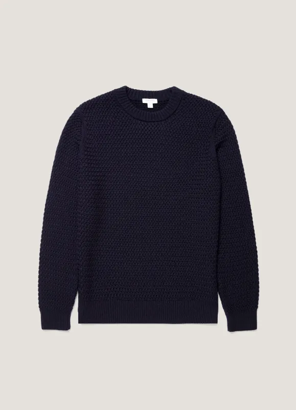 Men's Merino Wool Basketweave Jumper in Navy made by Sunspel