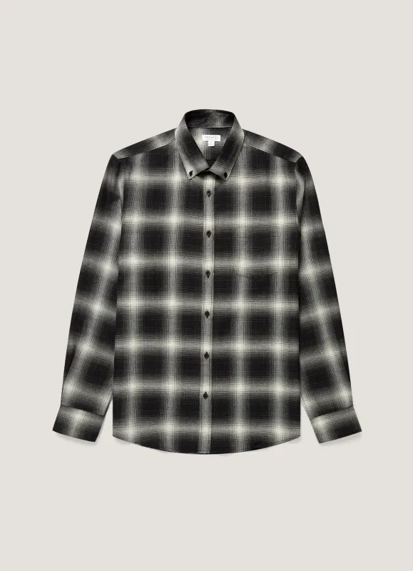 Men's Button Down Flannel Shirt in Black Melton Check made by Sunspel