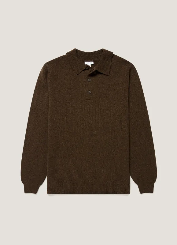 Men's Lambswool Knitted Polo Shirt in Loden Green Twist made by Sunspel