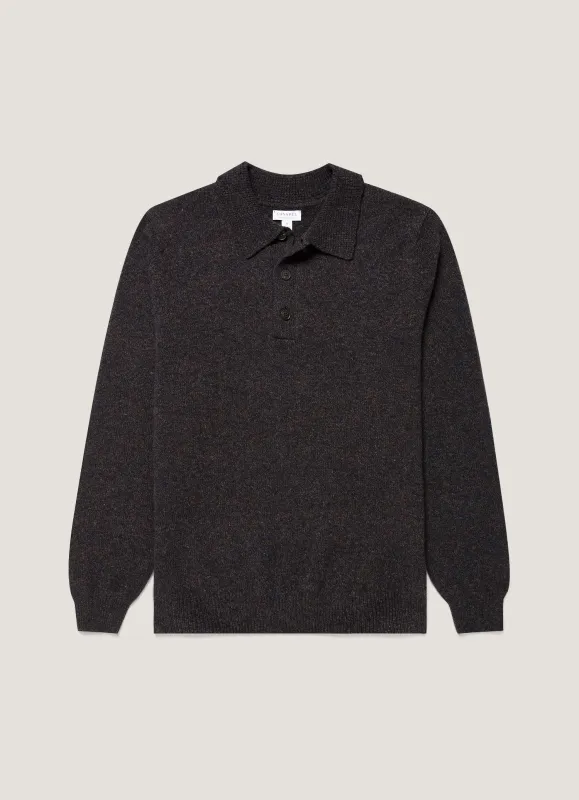 Men's Lambswool Knitted Polo Shirt in Midnight Navy Twist made by Sunspel