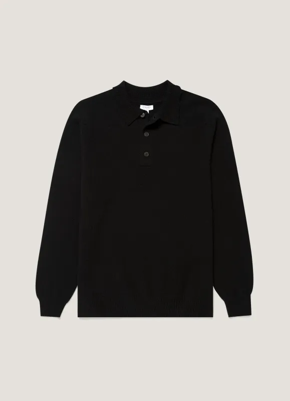 Men's Lambswool Knitted Polo Shirt in Black made by Sunspel