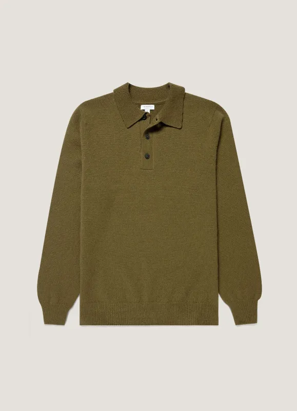 Men's Lambswool Knitted Polo Shirt in Uniform made by Sunspel