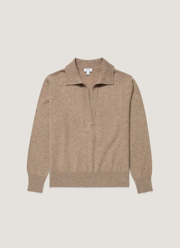 Women's Cashmere Polo Shirt in Mink made by Sunspel