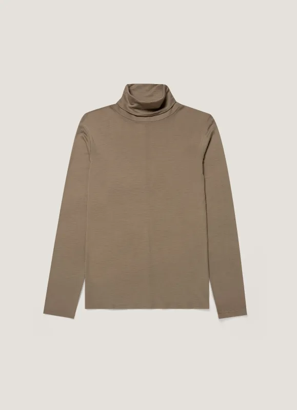 Women's Long Sleeve Funnel Neck Top in Dark Cedar made by Sunspel
