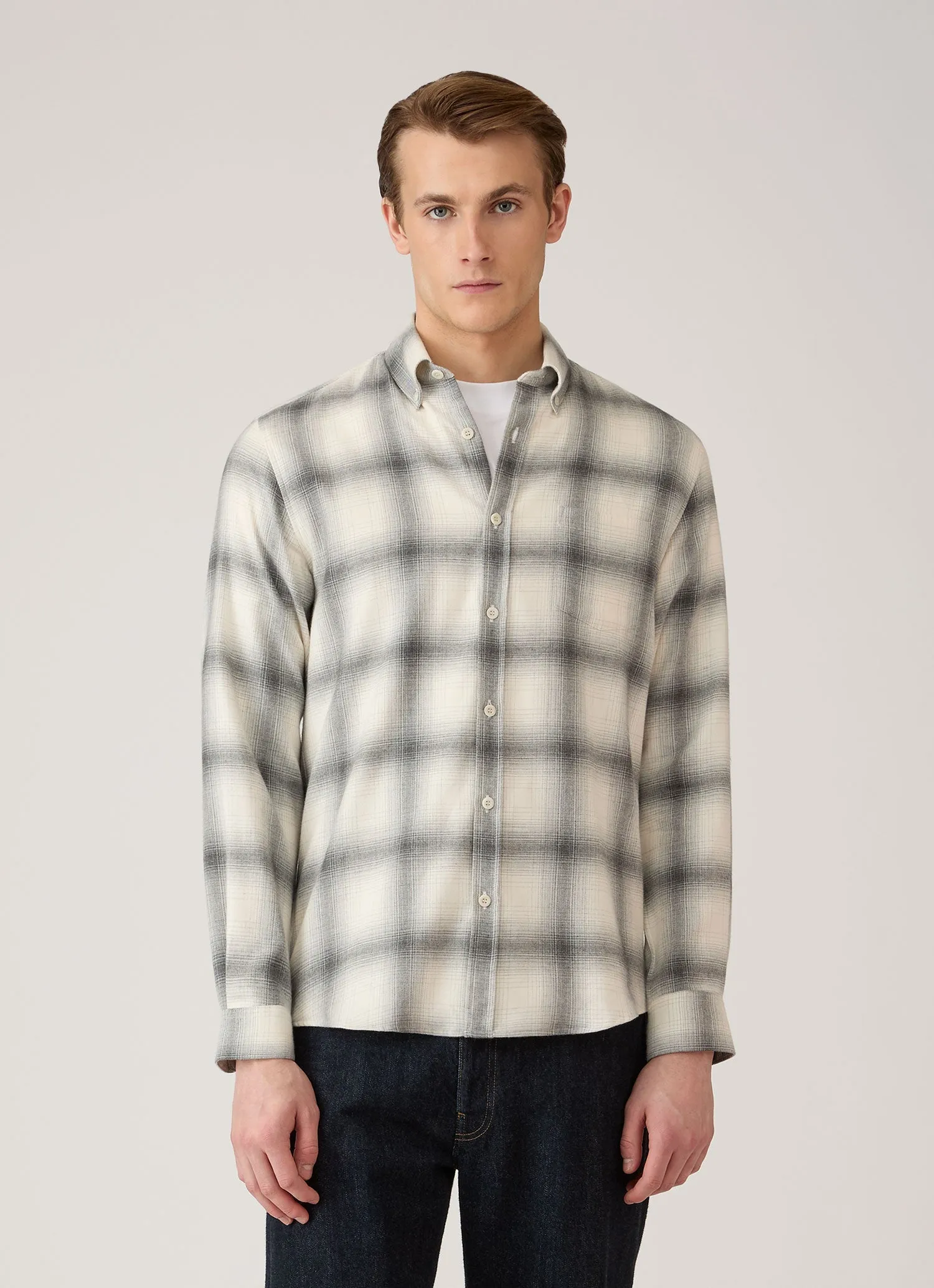 Men's Button Down Flannel Shirt in Ecru Melton Check sold by Sunspel product image thumbnail 2