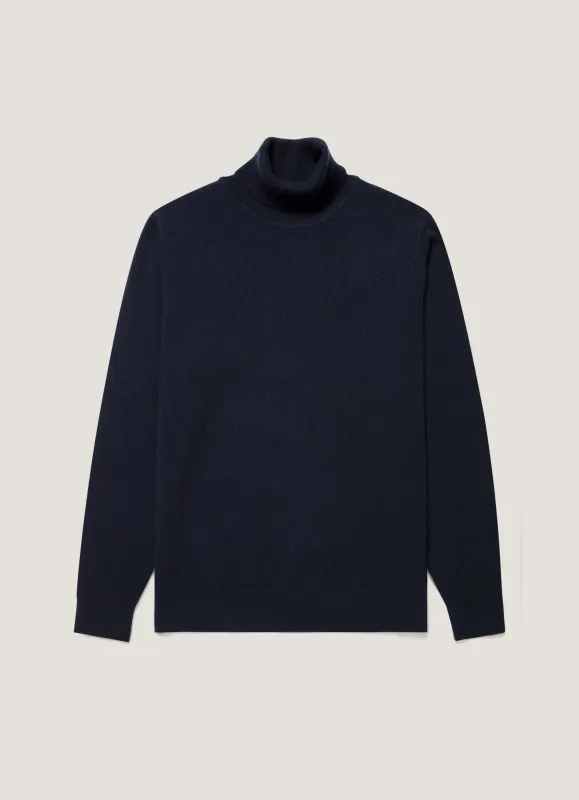 Men's Cashmere Roll Neck Jumper in Navy made by Sunspel