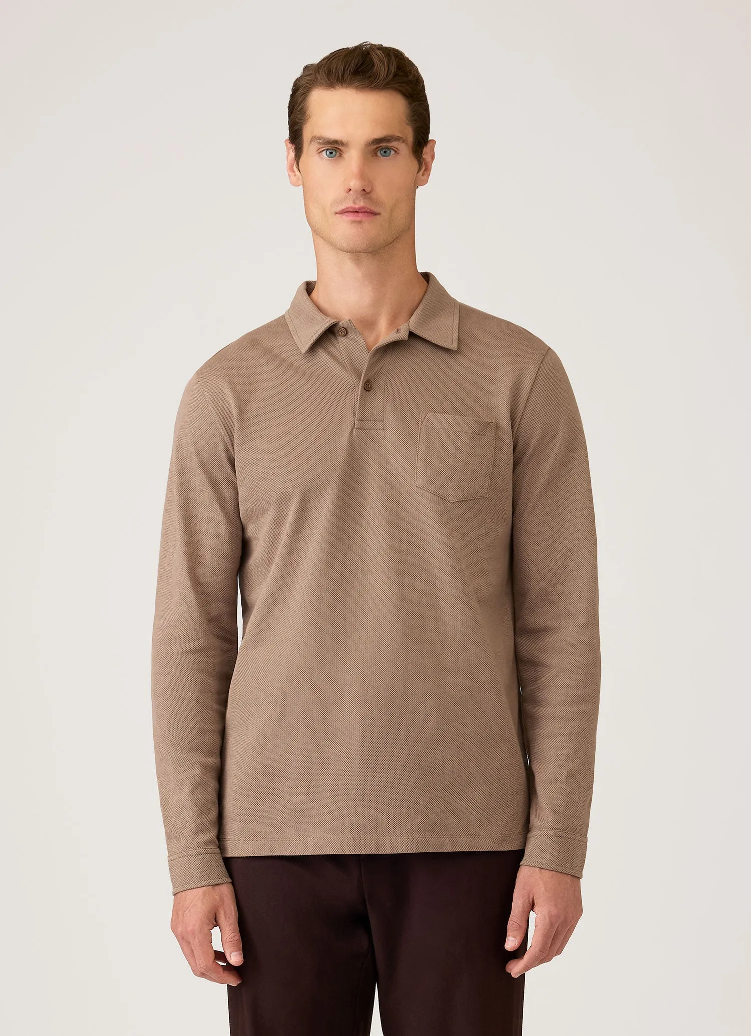 Men's Long Sleeve Riviera Polo Shirt in Taupe sold by Sunspel product image thumbnail 2