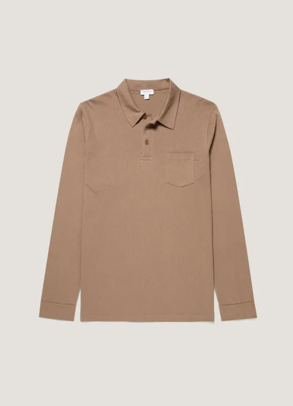 Men's Long Sleeve Riviera Polo Shirt in Taupe made by Sunspel