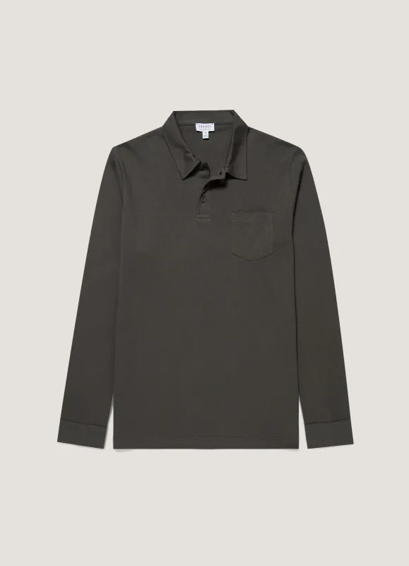 Men's Long Sleeve Riviera Polo Shirt in Slate Green made by Sunspel