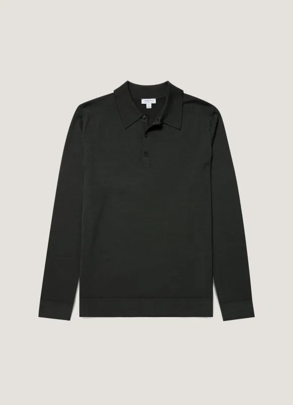 Men's Extra‑Fine Merino Knitted Polo Shirt in Slate Green made by Sunspel