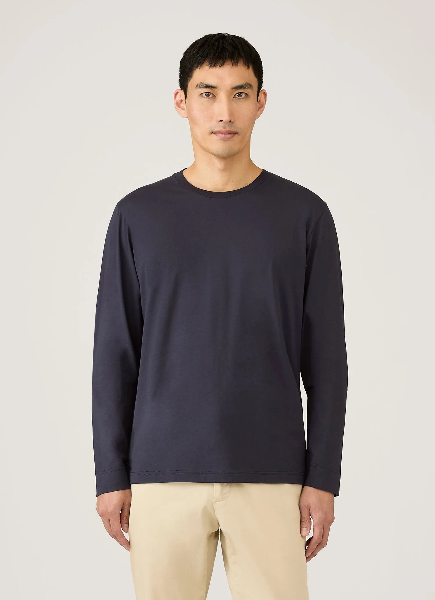 Men's Long Sleeve Riviera Midweight T‑shirt in Navy sold by Sunspel product image thumbnail 2
