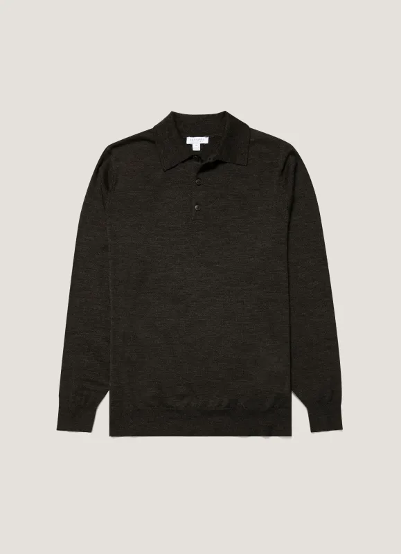 Men's Extra-Fine Merino Knitted Polo Shirt in Charcoal Melange made by Sunspel