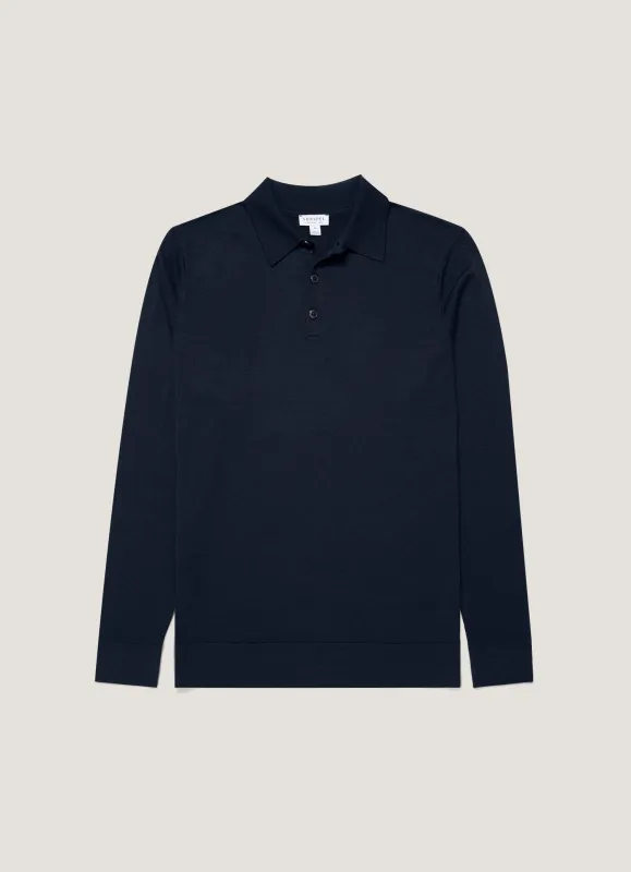 Men's Extra-Fine Merino Knitted Polo Shirt in Navy made by Sunspel