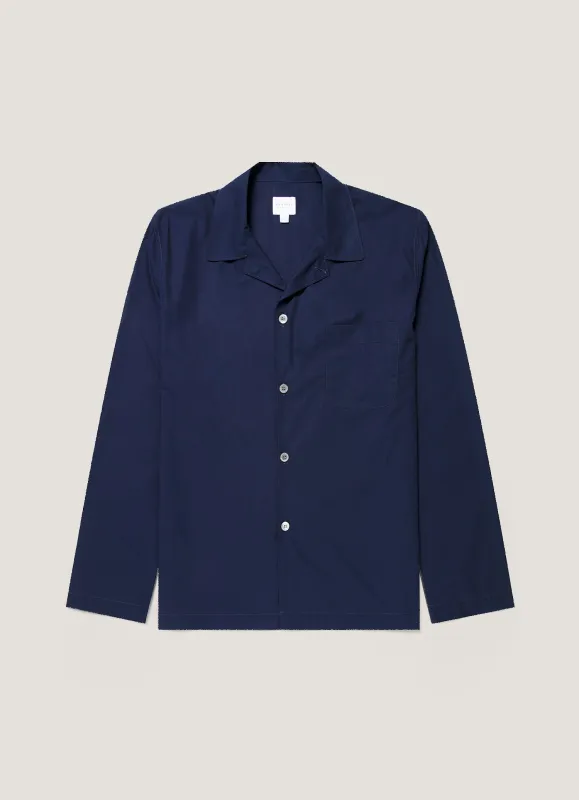 Men's Cotton Poplin Pyjama Shirt in Navy made by Sunspel