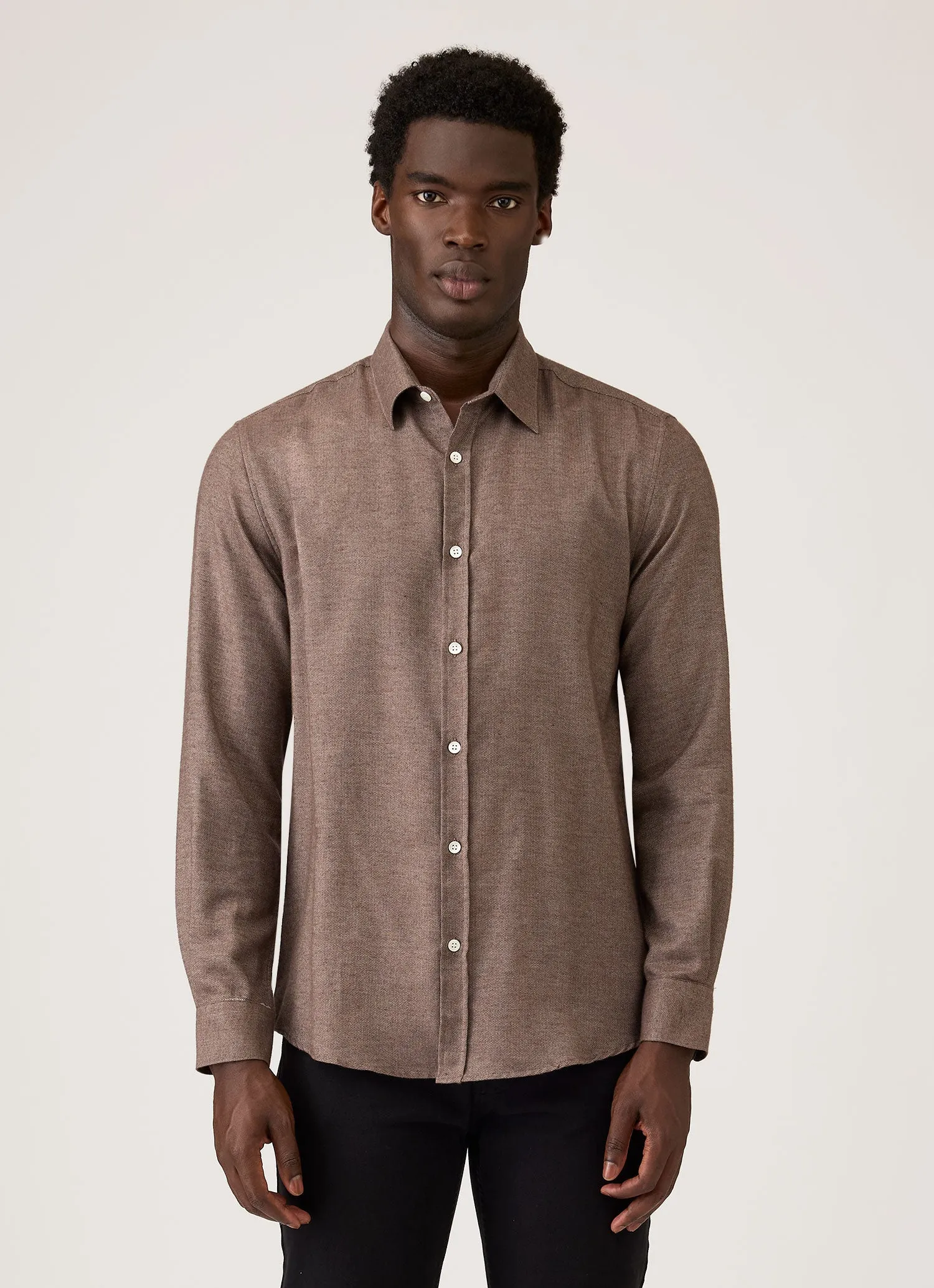 Men's Cotton Cashmere Herringbone Shirt in Chestnut Melange sold by Sunspel product image thumbnail 2