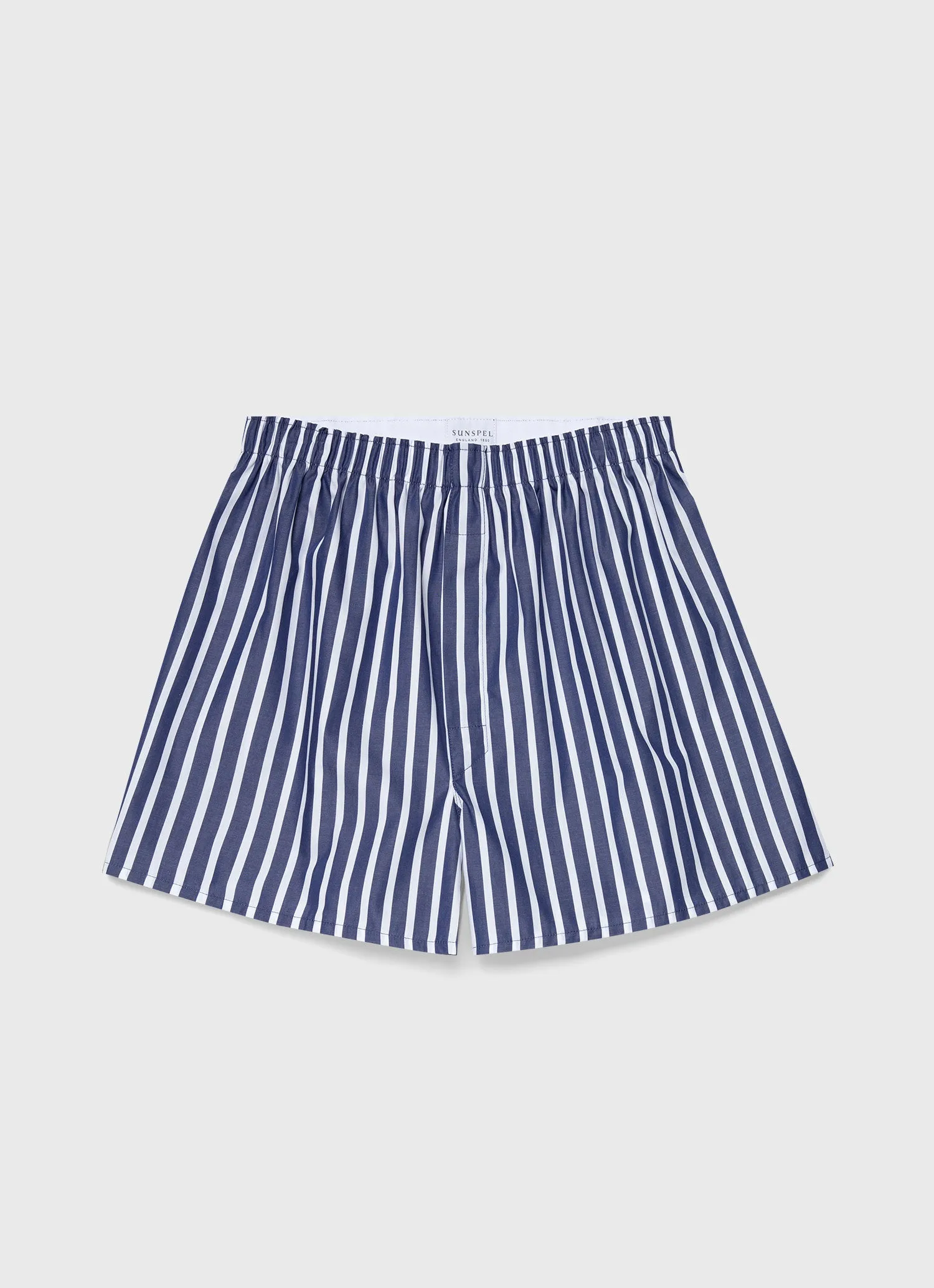 Men's Classic Boxer Shorts in Navy/White Wide Stripe sold by Sunspel