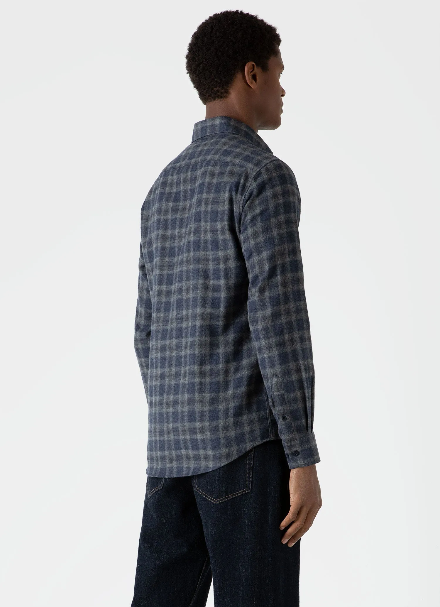 Men's Button Down Flannel Shirt in Navy Check sold by Sunspel product image thumbnail 4