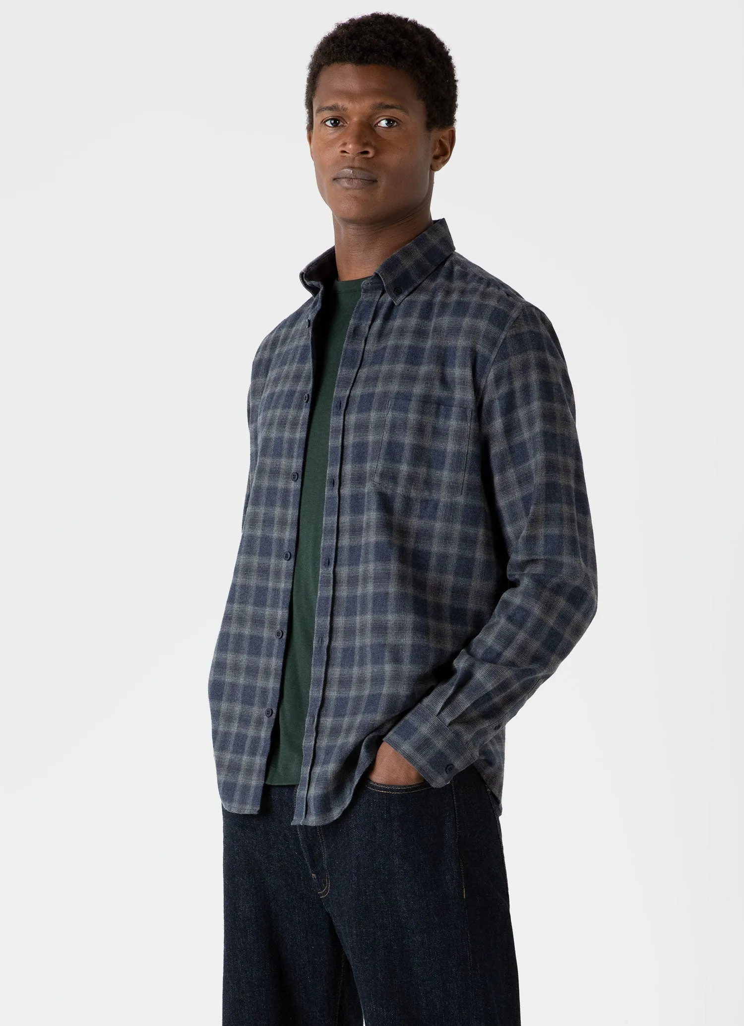 Men's Button Down Flannel Shirt in Navy Check sold by Sunspel product image thumbnail 2
