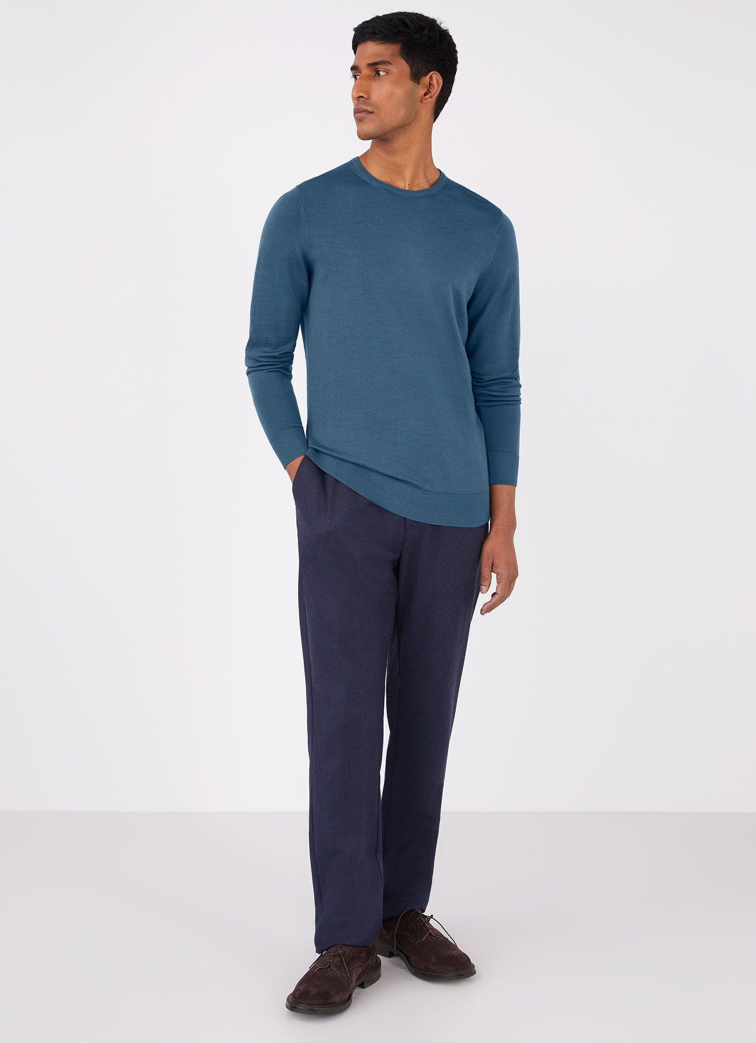 Men's Extra-Fine Merino Crew Neck in Teal sold by Sunspel product image thumbnail 3