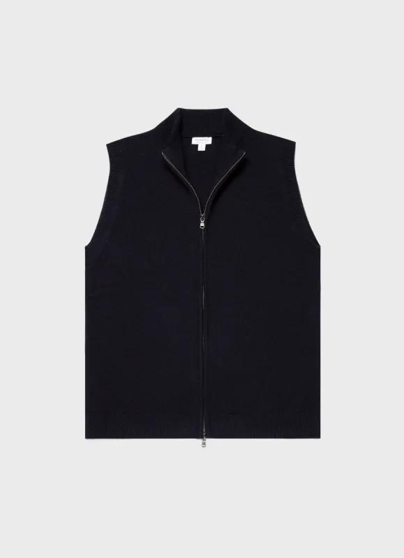 Men's Lambswool Gilet in Dark Navy Mouline sold by Sunspel
