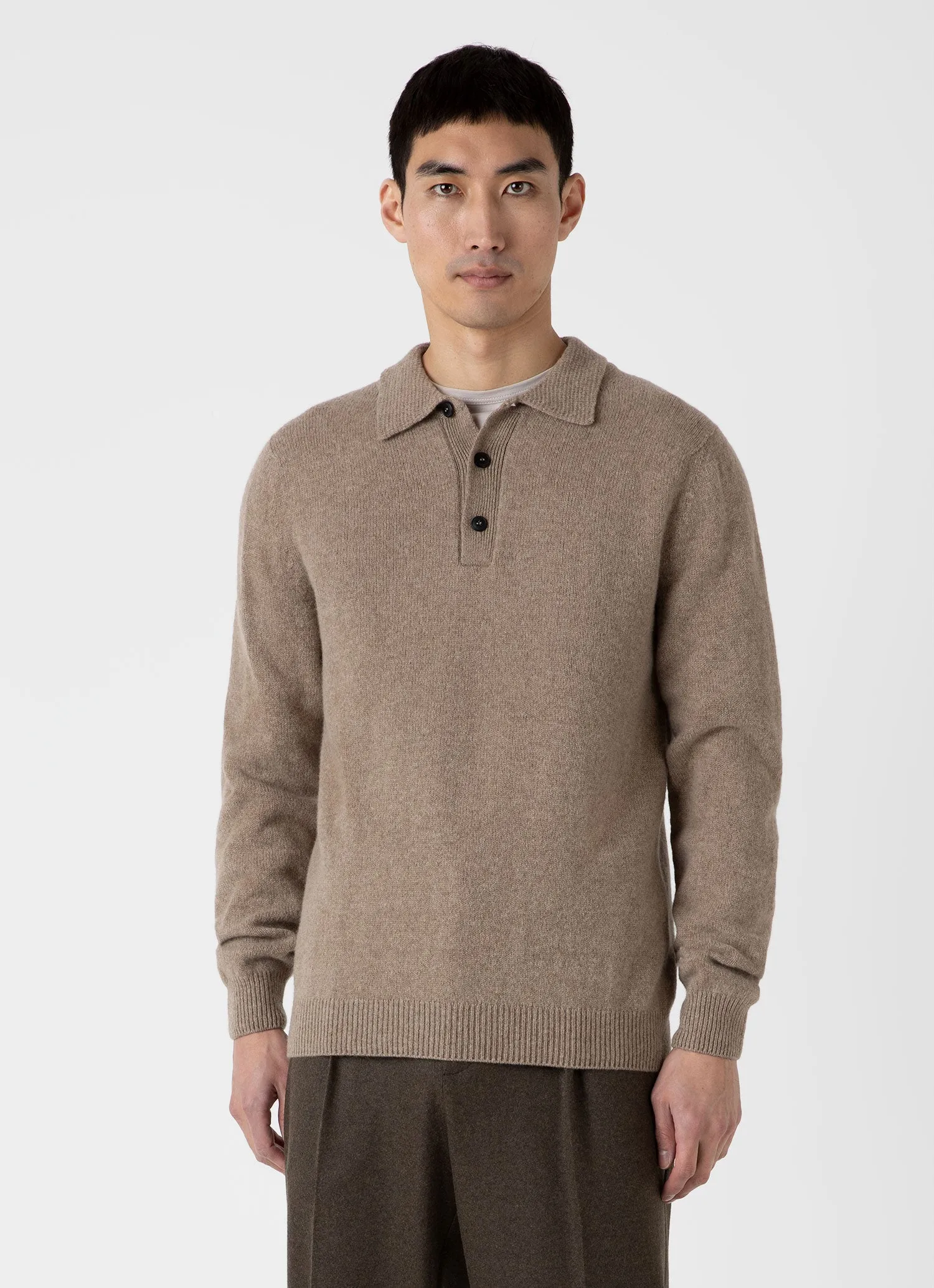 Men's Lambswool Knitted Polo Shirt in Sandstone sold by Sunspel product image thumbnail 2