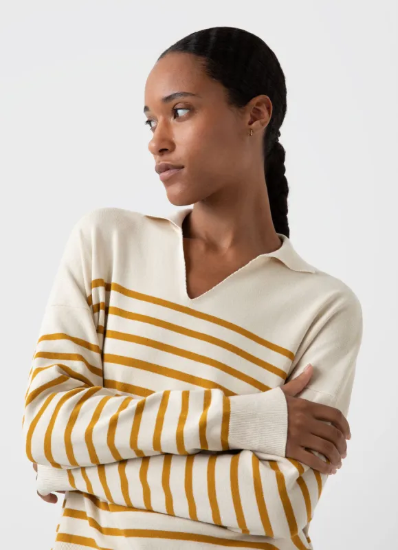 Women's Open Neck Jumper in Ecru/Cider Breton Stripe sold by Sunspel
