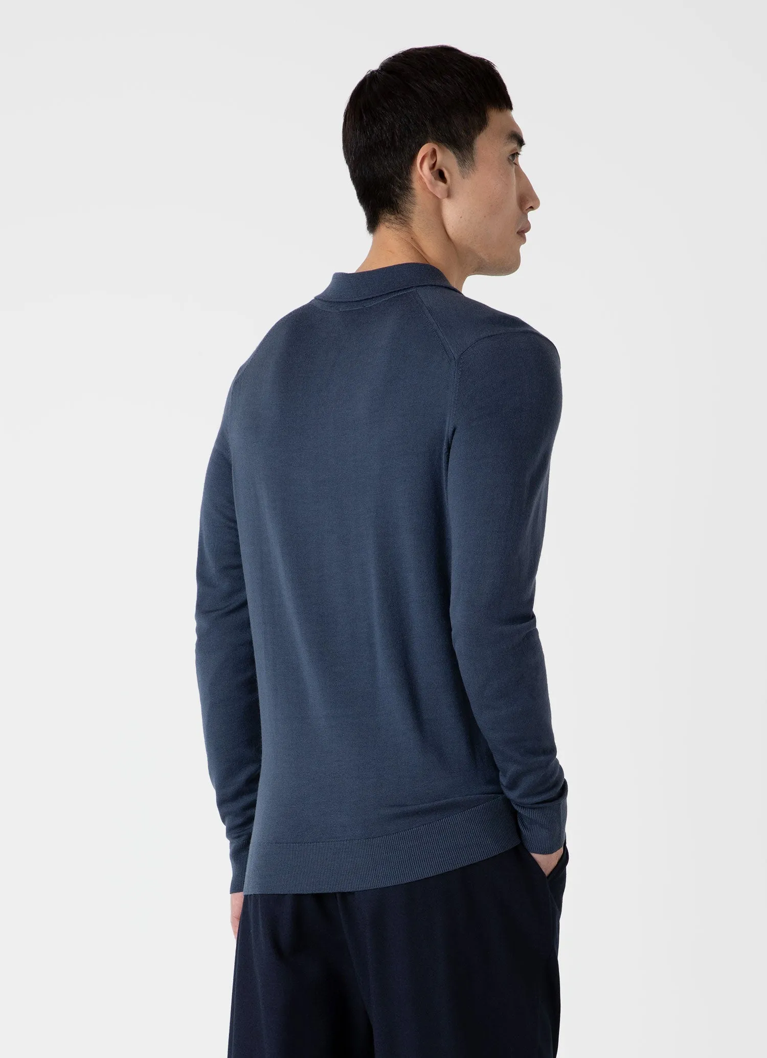 Men's Extra-Fine Merino Knitted Polo Shirt in Slate Blue sold by Sunspel product image thumbnail 5