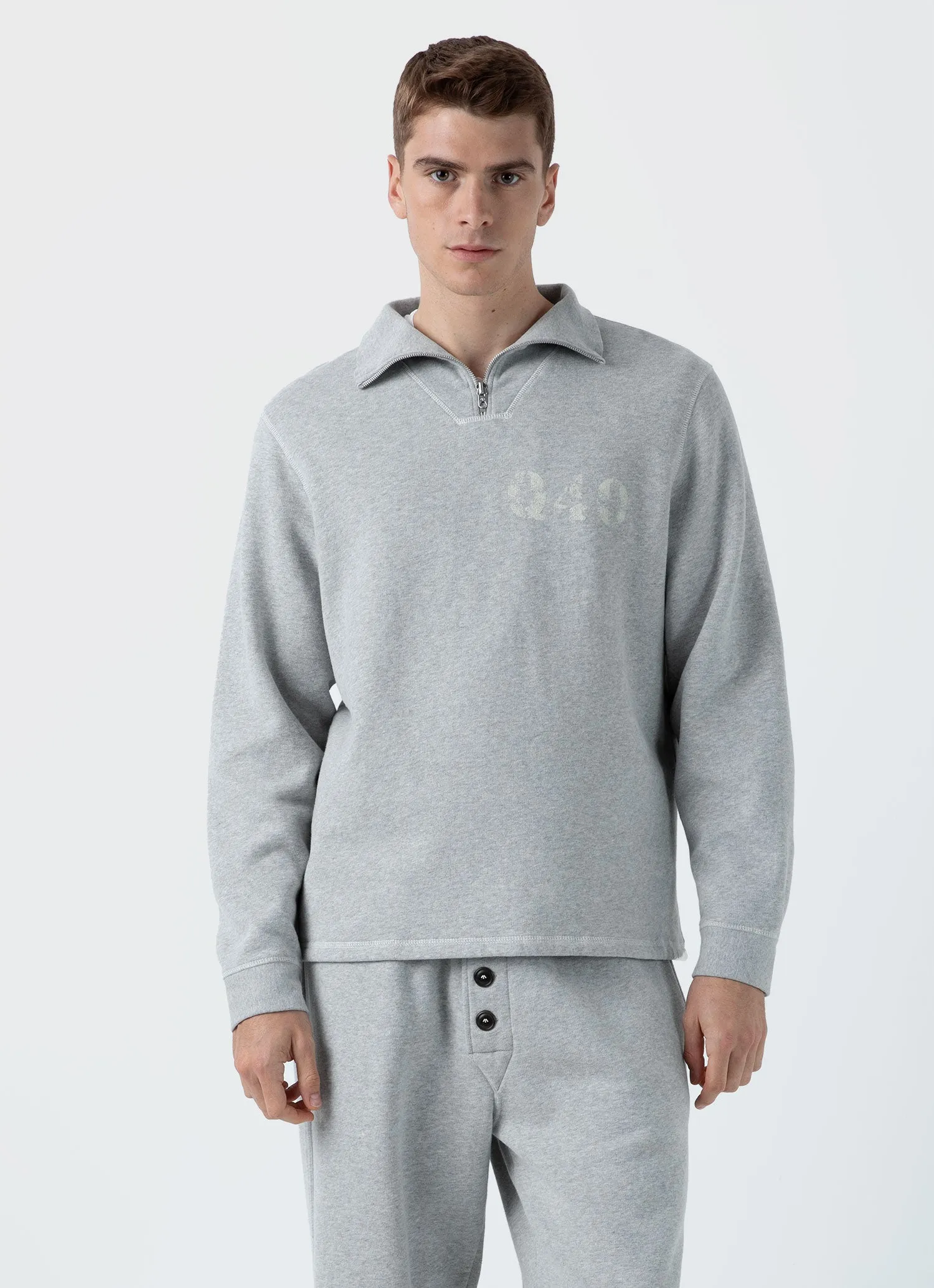 Men's Sunspel x Nigel Cabourn Half Zip Sweatshirt in Light Grey Melange sold by Sunspel product image thumbnail 2