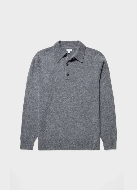 Men's Lambswool Polo Shirt in Mid Grey Melange sold by Sunspel