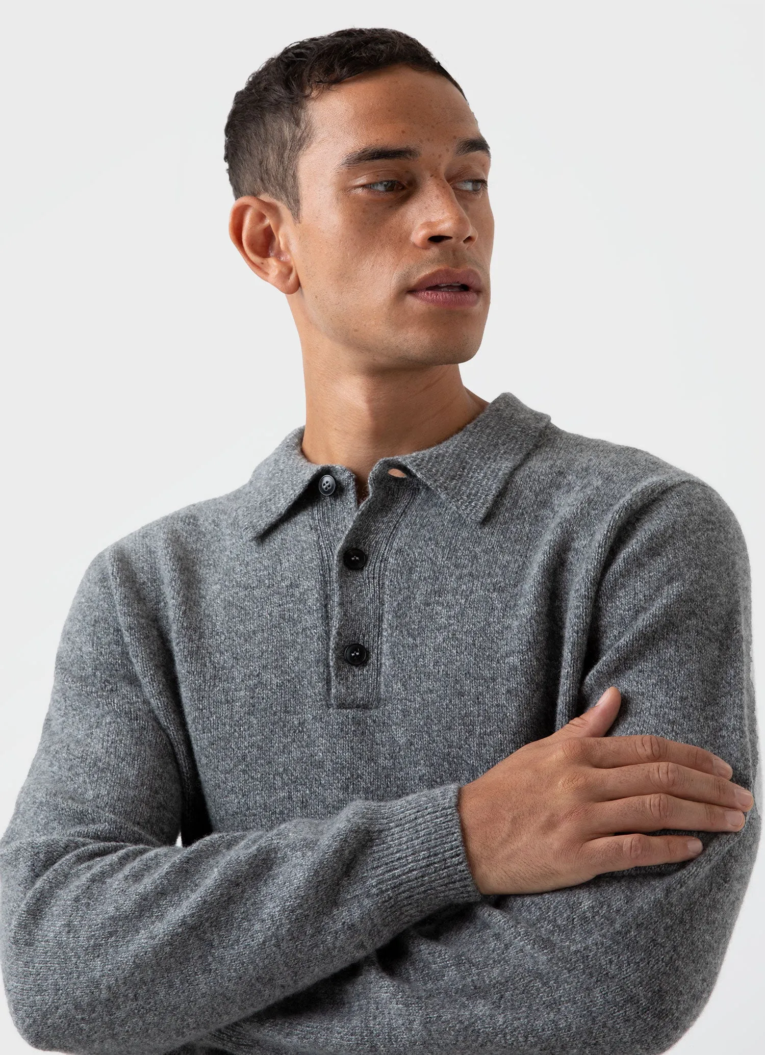 Men's Lambswool Polo Shirt in Mid Grey Melange sold by Sunspel product image thumbnail 5