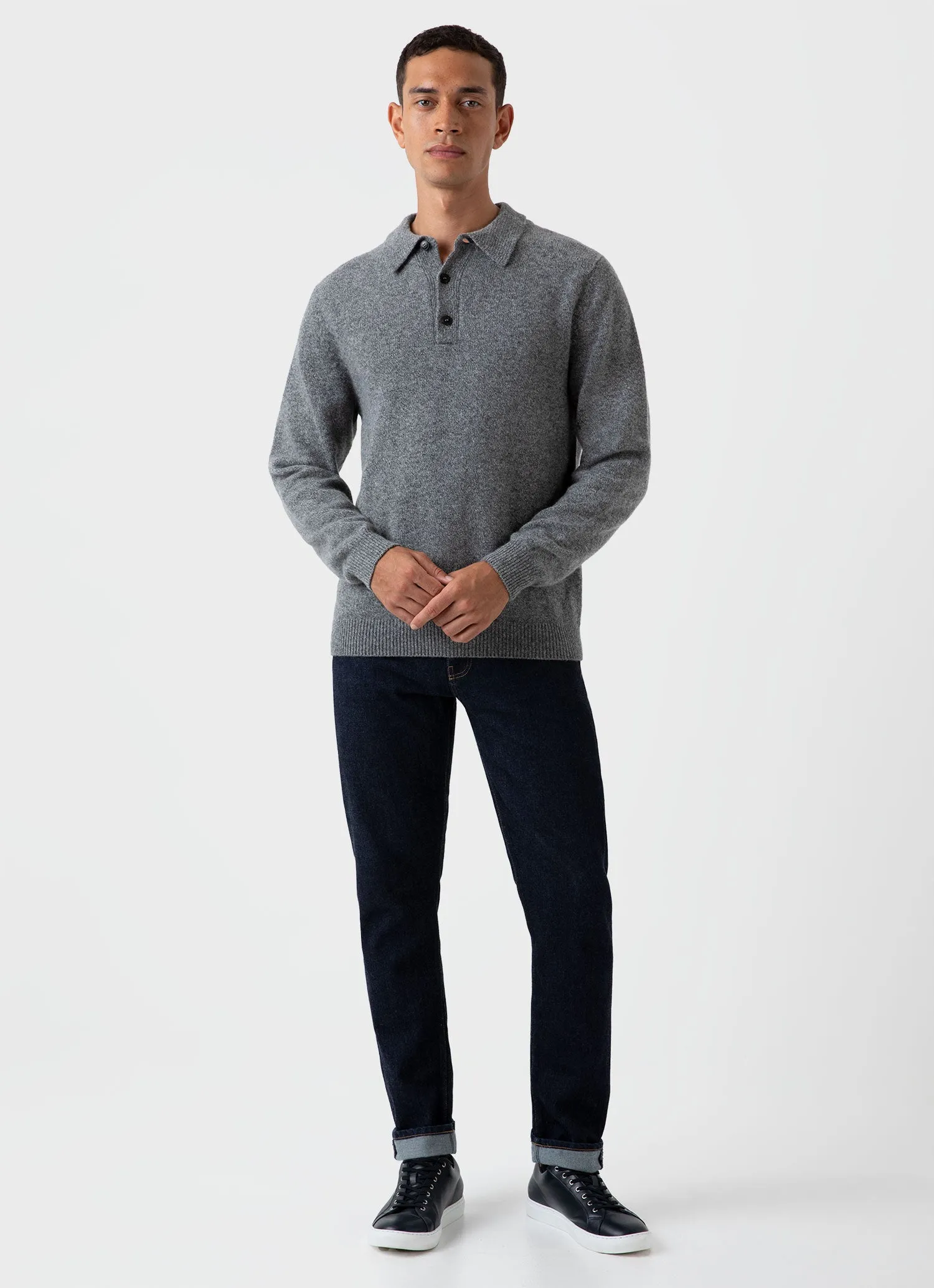 Men's Lambswool Polo Shirt in Mid Grey Melange sold by Sunspel product image thumbnail 3
