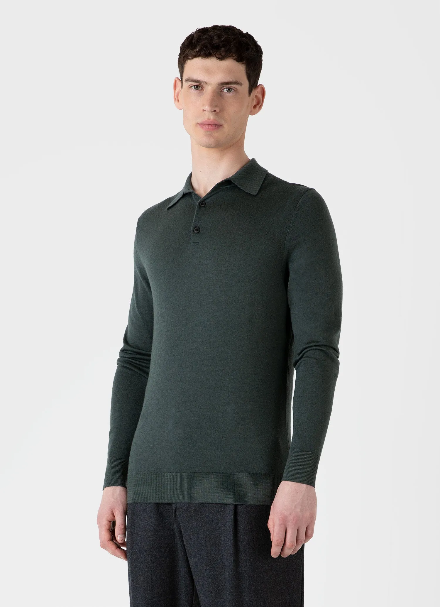Men's Extra-Fine Merino Polo Shirt in Drill Green sold by Sunspel product image thumbnail 2
