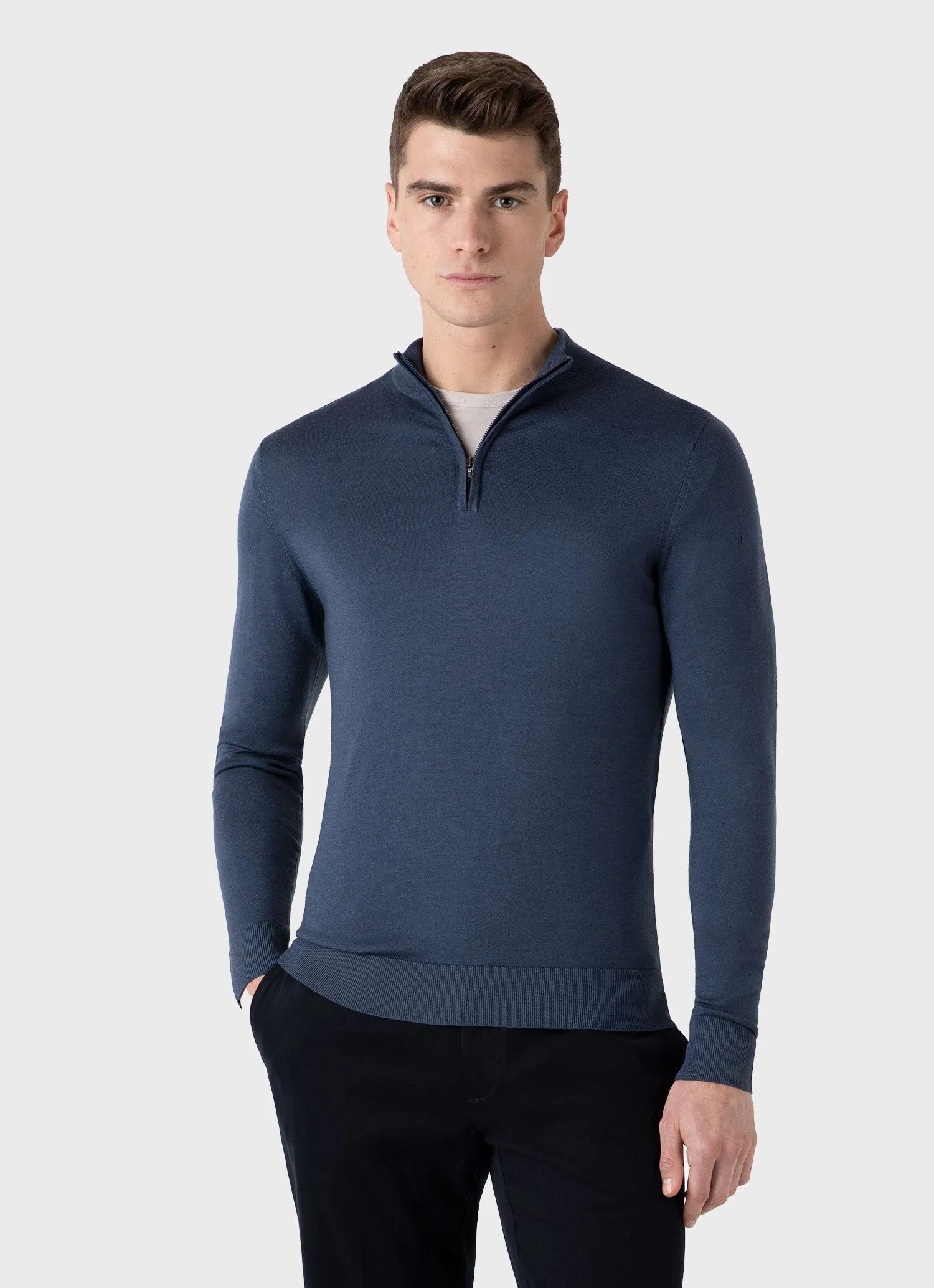 Men's Extra-Fine Merino Zip Neck in Slate Blue sold by Sunspel product image thumbnail 2